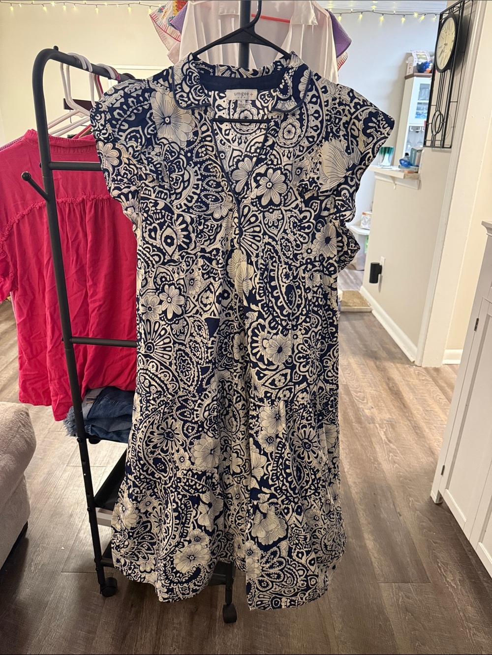 Umgee Navy and White Floral Paisley Midi Dress